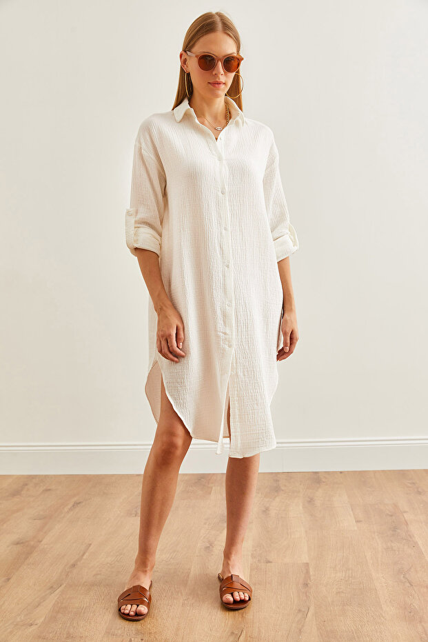Women's White Side Oval Slit Muslin Shirt Dress Elb- 19002243