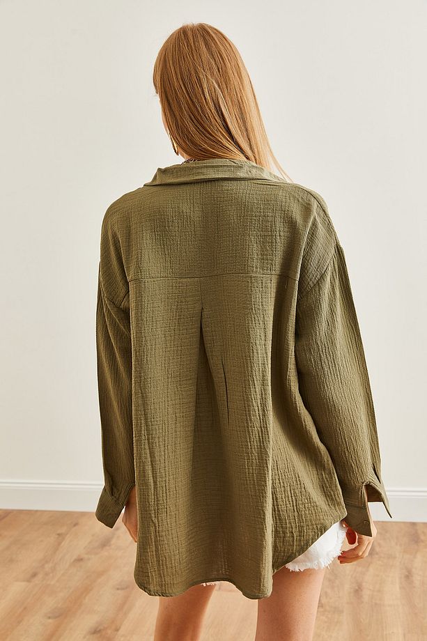 Kadın Haki Oversize Basic Müslin Gömlek GML-19001217 - 3