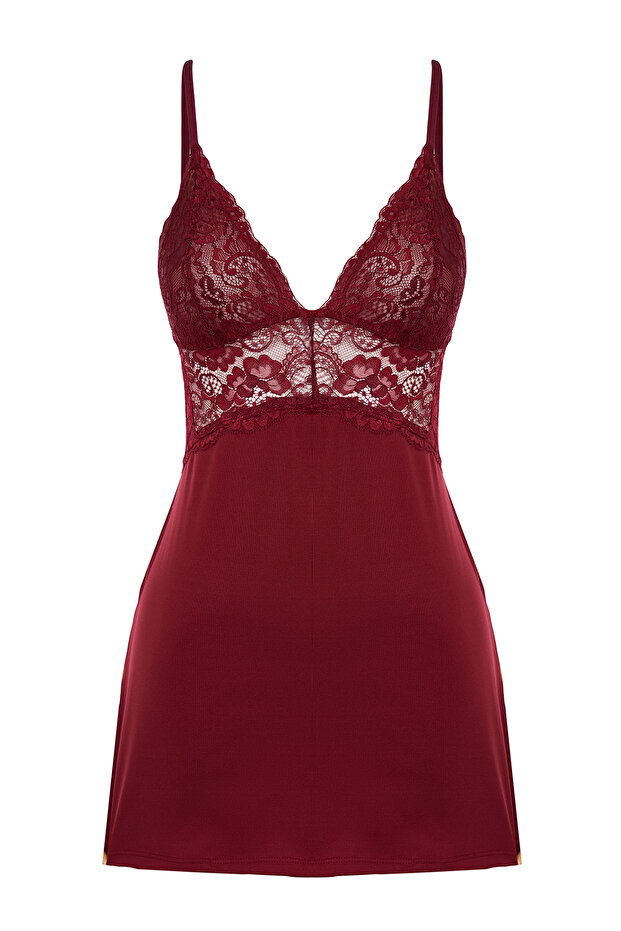 Bordo Dantelli ve Yırtmaçlı İp Askılı Örme Babydoll/Fantezi Gecelik THMAW23CY00002 - 6
