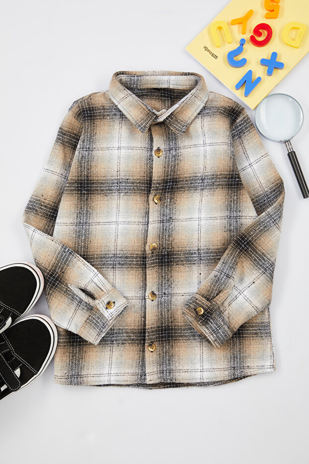 Beige Boys' Cotton Regular Cut Lumberjack Woven Shirt Tkdaw25Go00001
