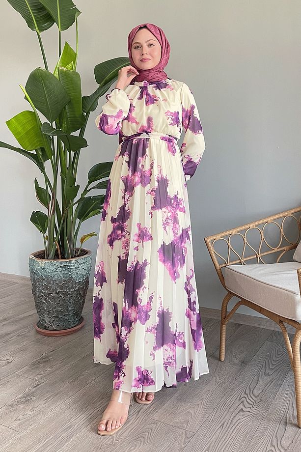 Batik Soyut Desen Fuşya Şifon Elbise - 4