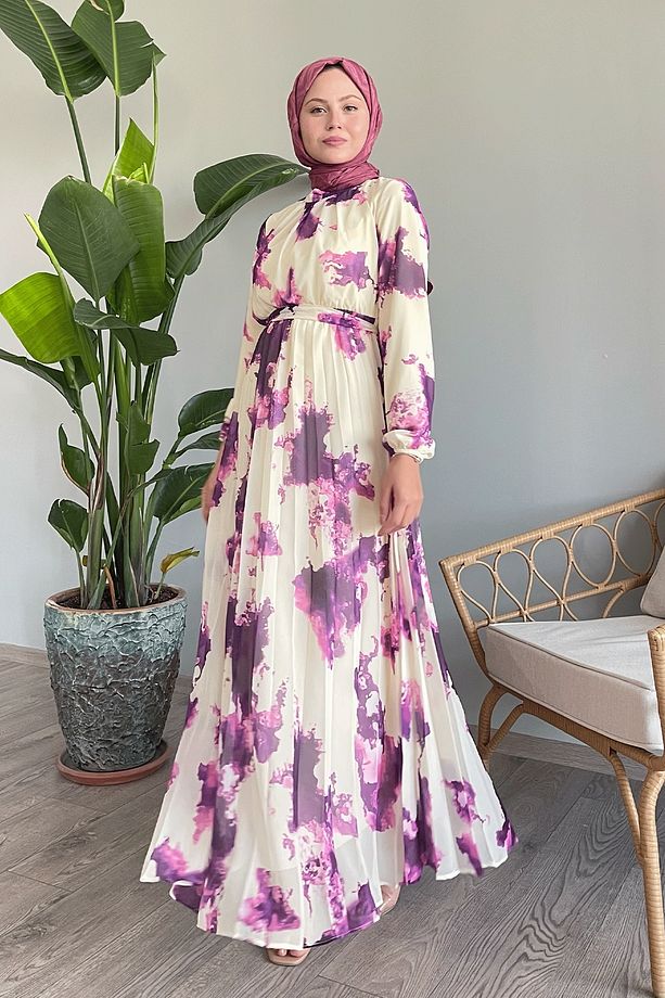 Batik Soyut Desen Fuşya Şifon Elbise - 1