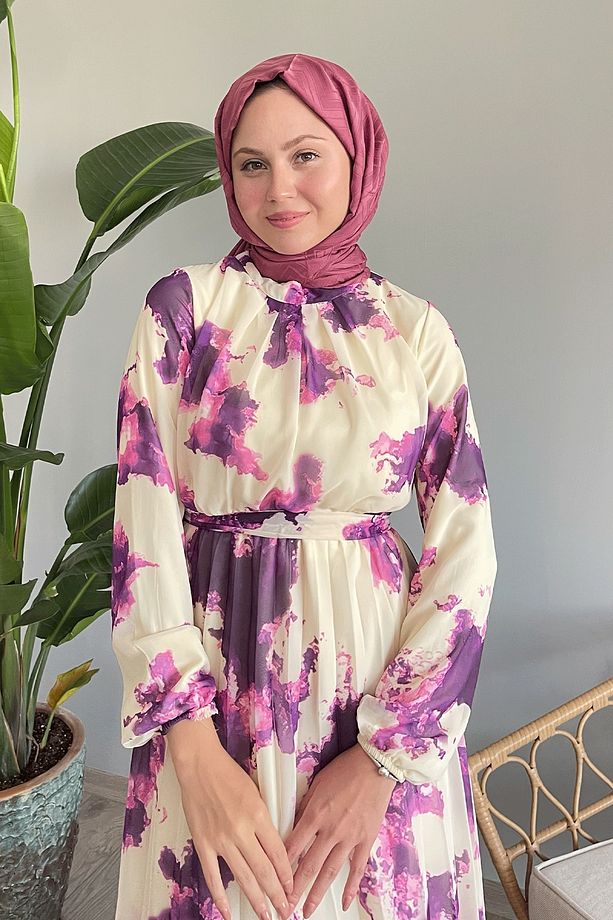 Batik Soyut Desen Fuşya Şifon Elbise - 3