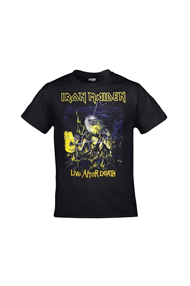 تيشيرت أسود للجنسين من Iron Maiden Live After Death مطبوع من الأمام والخلف