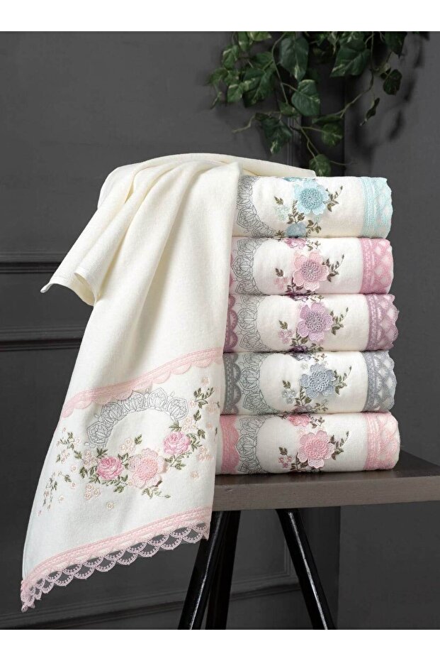 Alya 50X90 cm Velvet 3D Embroidered 100% Curly White 6 Piece Hand and Face Towel Set