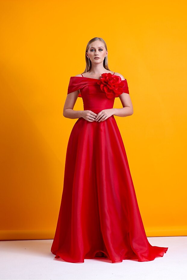 Çiçekli Maxi Kırmızı Kloş Elbise - 1