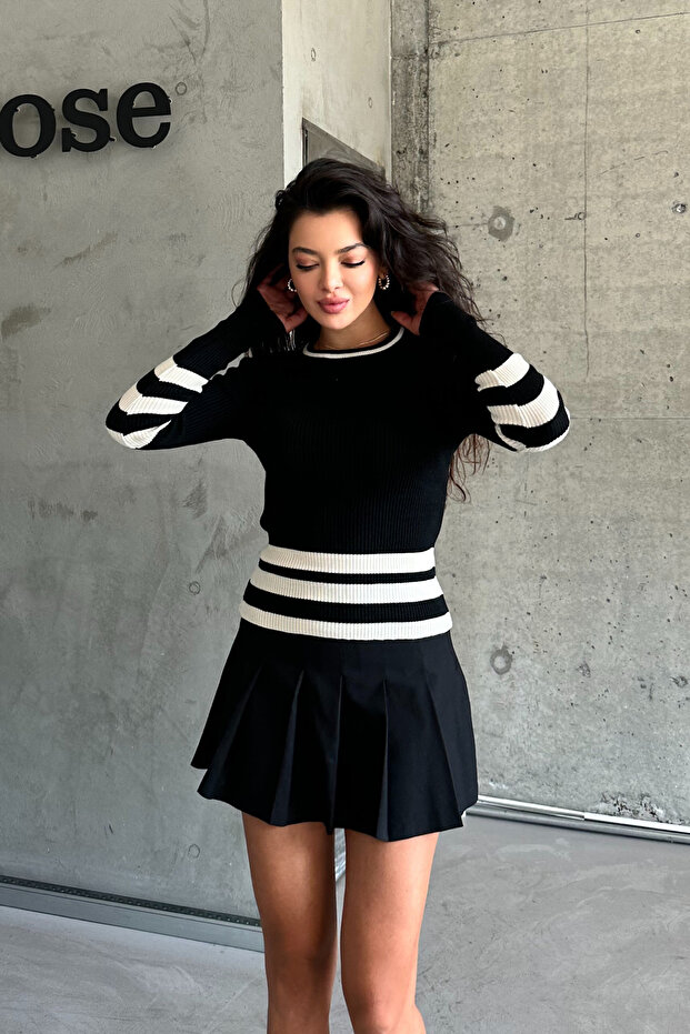 Schwarzer, dicker Strickpullover mit Streifen – Rundhalsausschnitt - 6