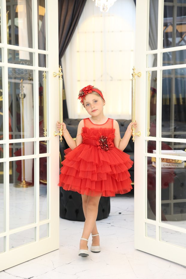 Flower-Detail Short Tulle Skirt for Girls, Evening Dress with Accessories as a Gift
