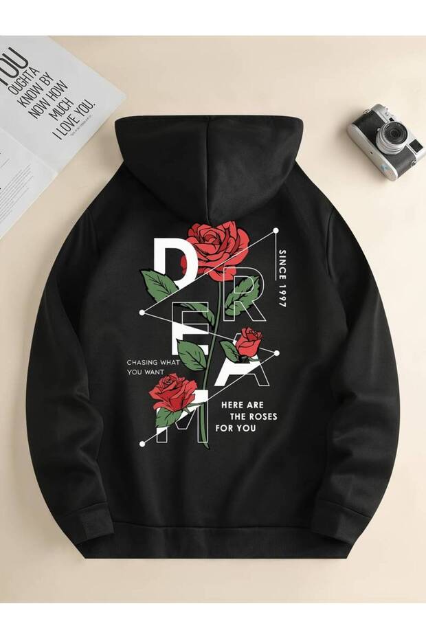 Unisex Dream Gül Printed Oversized Winter 3 Thread 100% Cotton K Hooded Sweatshirt Hoodie