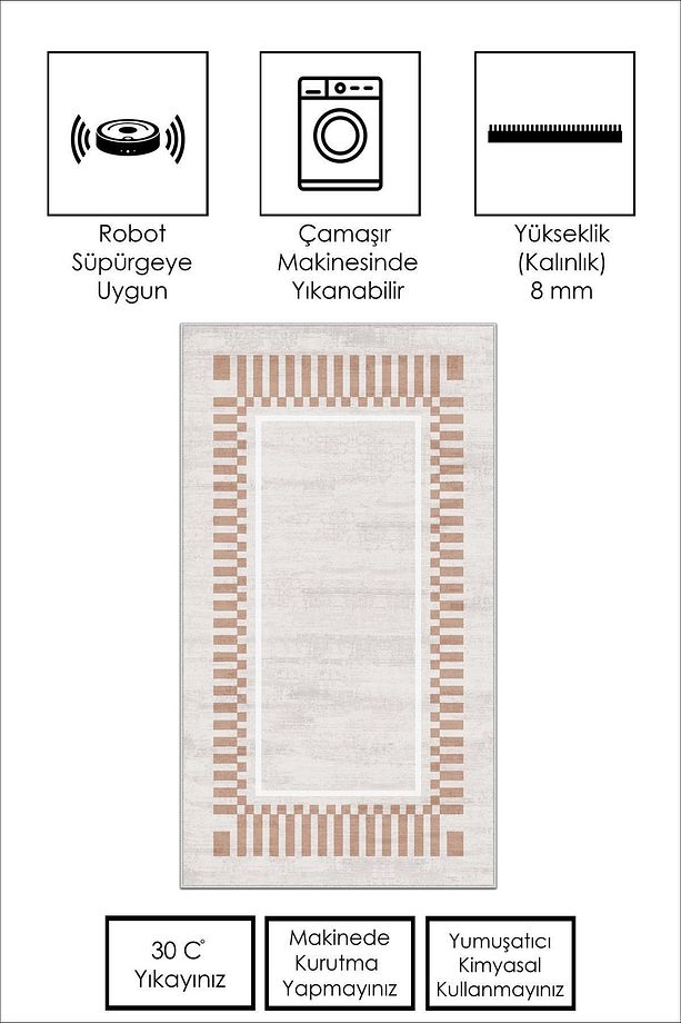 Makinede Yıkanabilir Kaymaz Taban Leke Tutmaz Bej Salon Halısı Mutfak Halısı ve Yolluk - 3