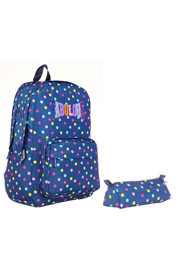 Navy Blue Polka Dot School Backpack and Pencil Case Set - Girls