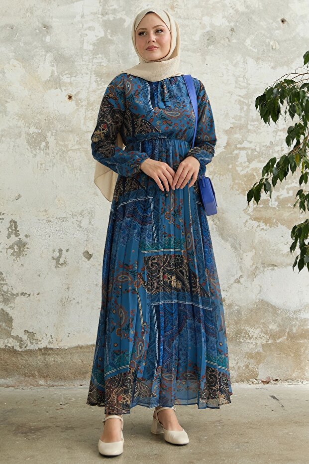 Viera Shawl Patterned Blue Chiffon Dress with Belted Collar