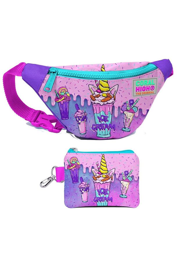 Kız Çocuk Pembe Mor Dondurma Desenli Bel Çantası ve Bozuk Para Cüzdanı Set - 1
