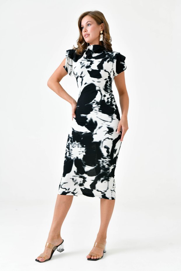 Women's digital print sandy fabric slit design stand collar padded sleeveless midi dress 12271