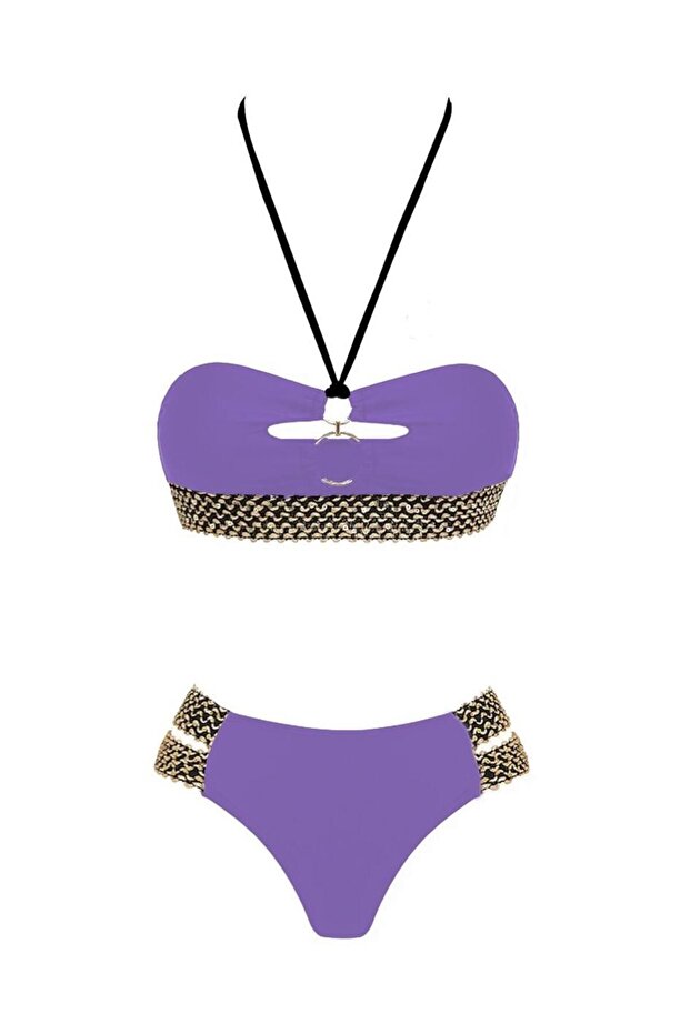 Women's Lilac Strapless Lined Double Ring High Waist Stylish Sea-Pool Bikini Set