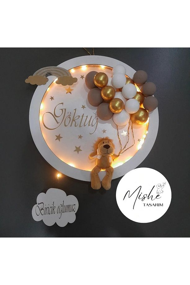 Tasarım Ahşap Yenidoğan Led Işıklı Aslanlı Bubble Kapı Süsü Yuvarlak - 5