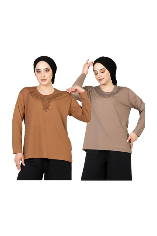 WOMEN'S MOTHER'S JERSEY 2-PIECE SET Stretch Fabric Long Sleeve Front Patterned Mother 'jersey Blouse Mother's Day Special Occasion (2 PIECES)