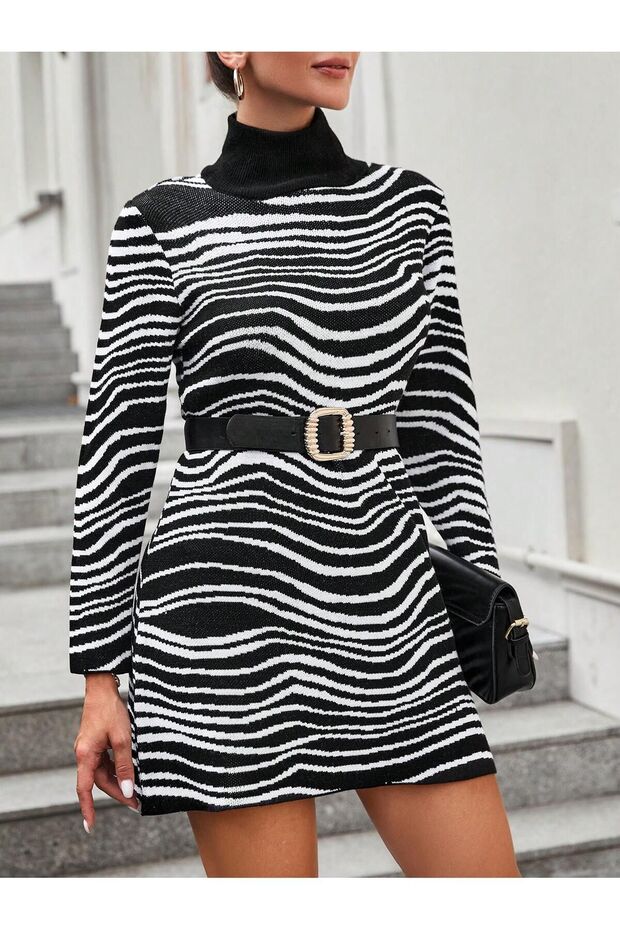 ZEBRA DESEN BALIKCI TRİKO ELBİSE - 4