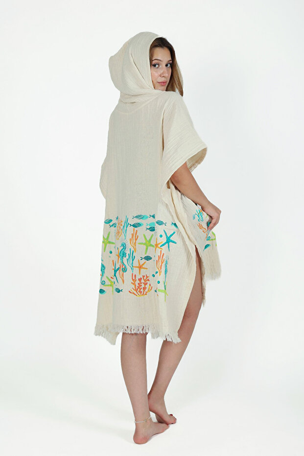 Poncho Muslin Cotton Underwater Pattern Beachwear Crinkled High Water Absorbent Oversized Unisex