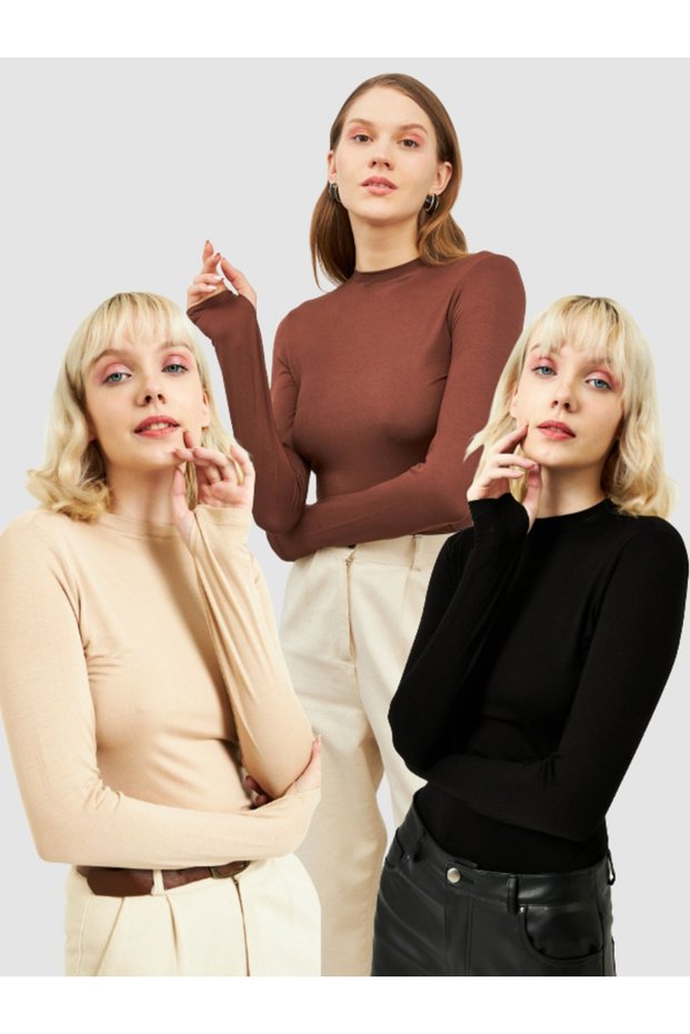 Finger Detail Crew Neck 3-Piece Body Set Black & Cream & Brown