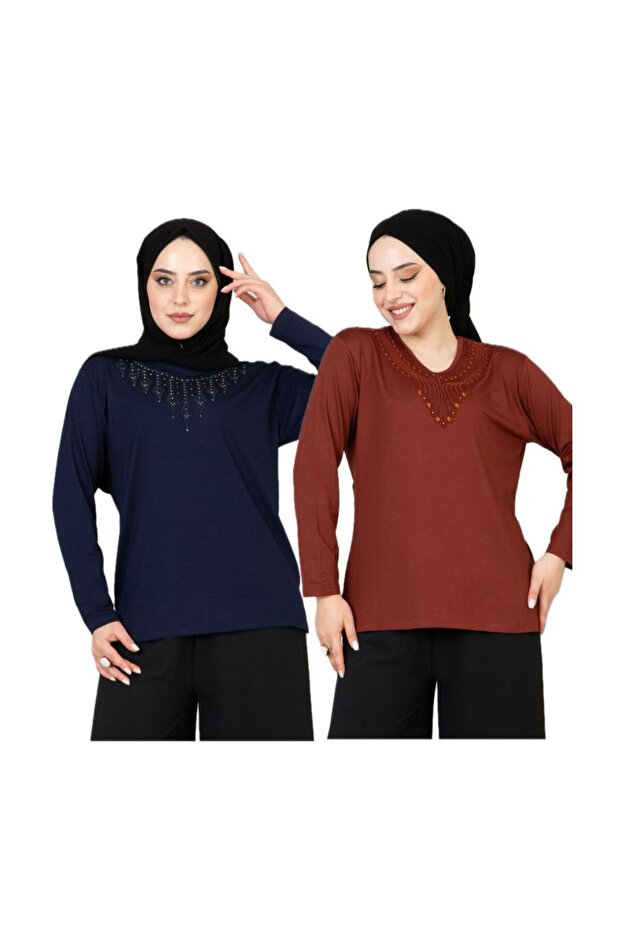 WOMEN'S MOTHER'S JERSEY 2-PIECE SET Stretch Fabric Long Sleeve Front Patterned Mother 'jersey Blouse Mother's Day Special Occasion (2 PIECES)