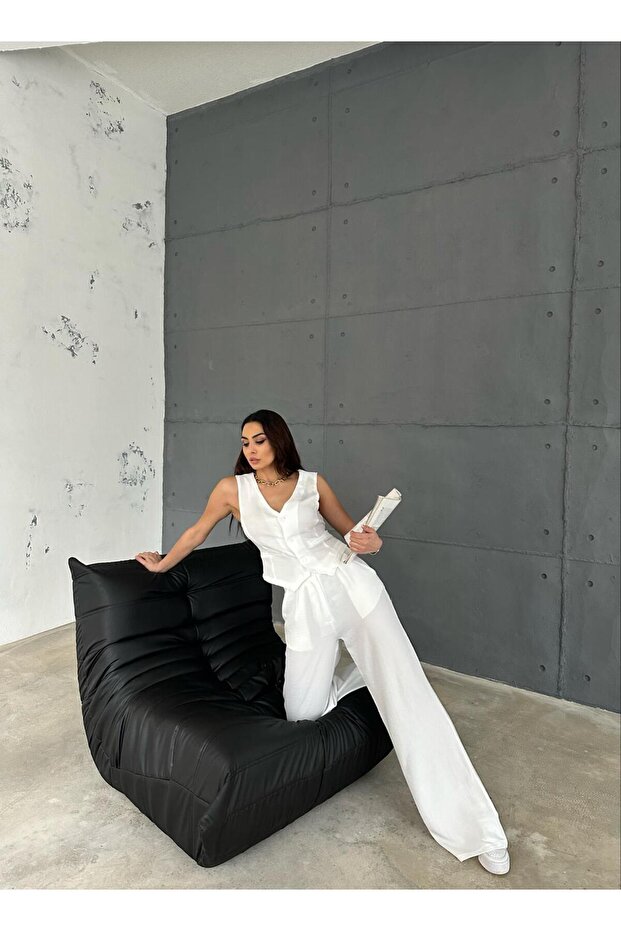 Λευκό Λινό Σετ - Basic Γιλέκο και Φαρδύ Παντελόνι - 2