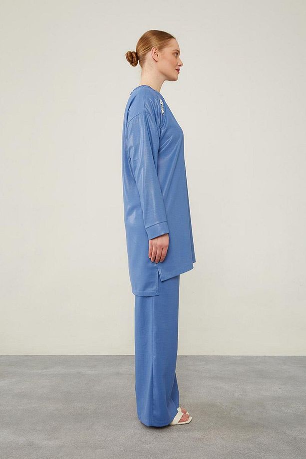 İndigo Önü Taş İşlemeli Geniş Pantolonlu Tunik Takım - 3