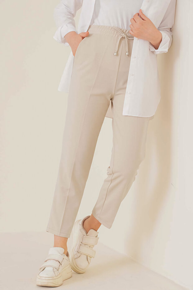6624 Rope Detailed Elastic Waist Ankle Trousers Stone Color