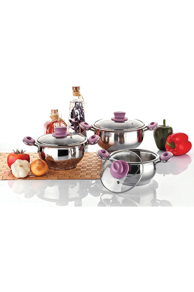 Begonya Milenyum 6 Piece Steel Cookware Set - with Glass Lid-Lilac