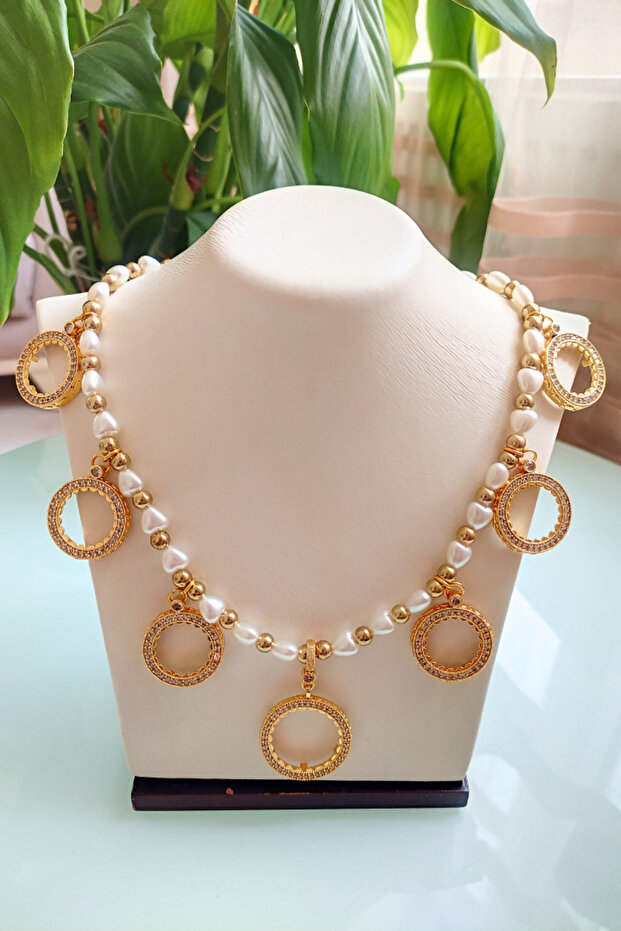 Half and Quarter Gold Matching 8mm Heart-Shaped Pearl 7-in-1 Necklace