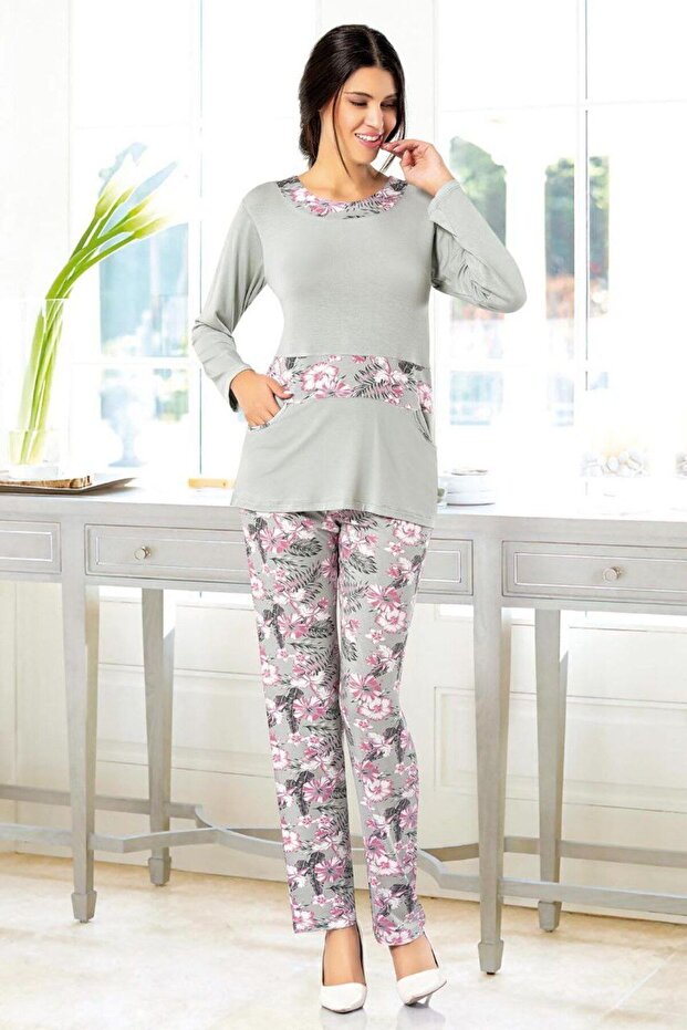 طقم بيجامة منقوشة بالزهور رمادي 8601 - 1