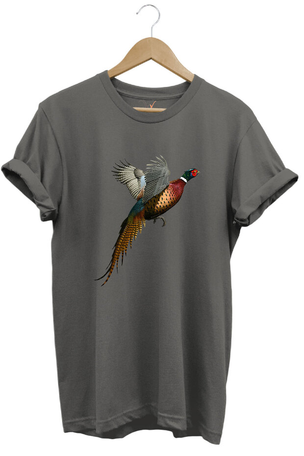 Hunting Peacock Printed Minimal Regular Fit 100% Cotton Gray T-Shirt