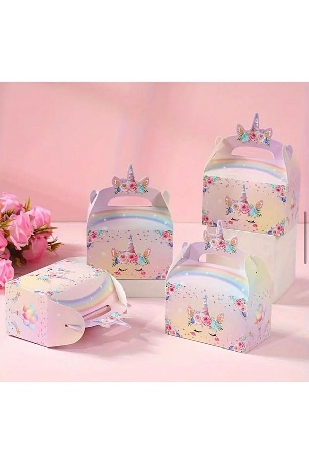 4 Adet Gökkuşağı Renkli Unicorn Ve Balon Desenli Hediyelik, Şeker Ve Çikolata Kutusu - 1