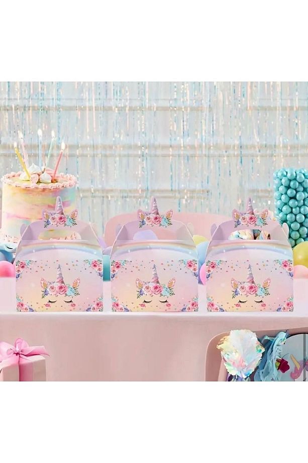 4 Adet Gökkuşağı Renkli Unicorn Ve Balon Desenli Hediyelik, Şeker Ve Çikolata Kutusu - 5