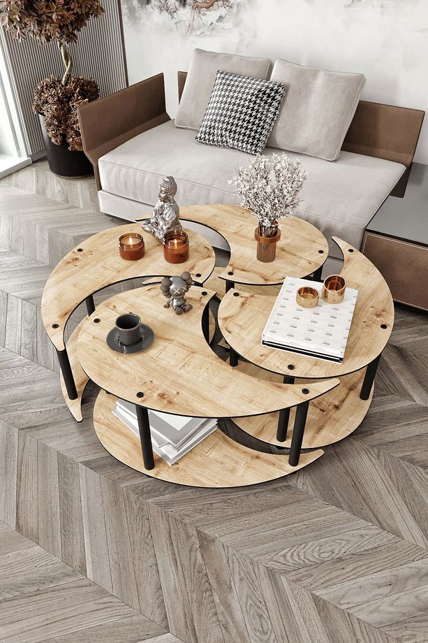 Yin Yang Unıty Serenıty Orta Sehpa 4 Lü Safir Meşe-90 Cm - 1