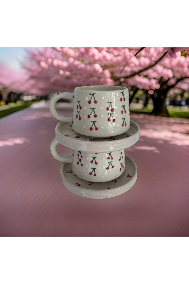 Ceramic Handcrafted Classic Bayb Cherry 2-Piece Mug Set with Plates