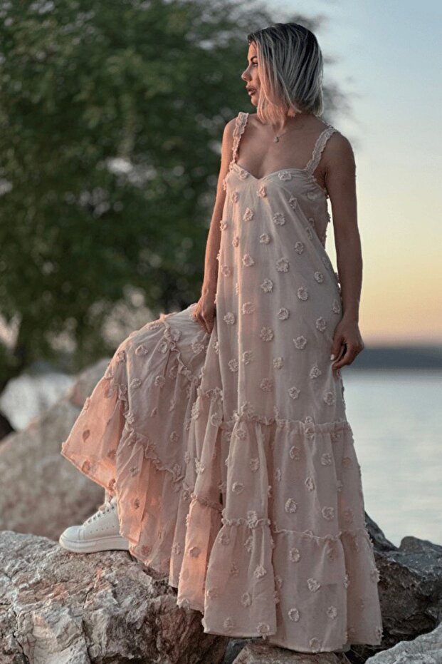 Ruffle Strap Fabric Floral Lined Maxi Summer Bohemian Beach Vacation Dress Camel