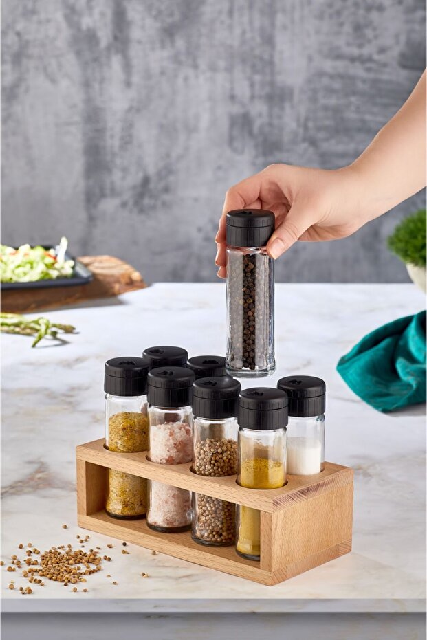 Lima 8-Piece Spice Set with Wooden Stand Salt and Pepper Shakers Set Spice Rack Black Cover