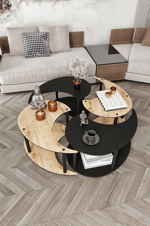 Yin Yang Unıty Serenıty Orta Sehpa 4 Lü Safir Meşe Siyah 90 Cm - 1