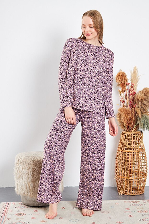 Women's Crew Neck Long Sleeve Flared Leg Pajama Set
