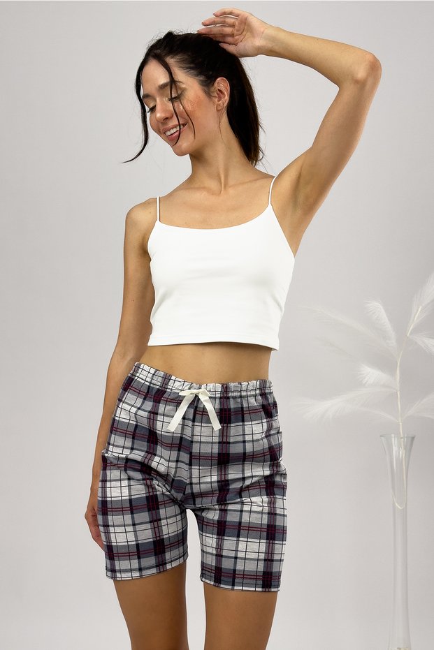 High Waist Women's Shorts Pajamas - 100% Cotton, Light Gray Square, Four Seasons