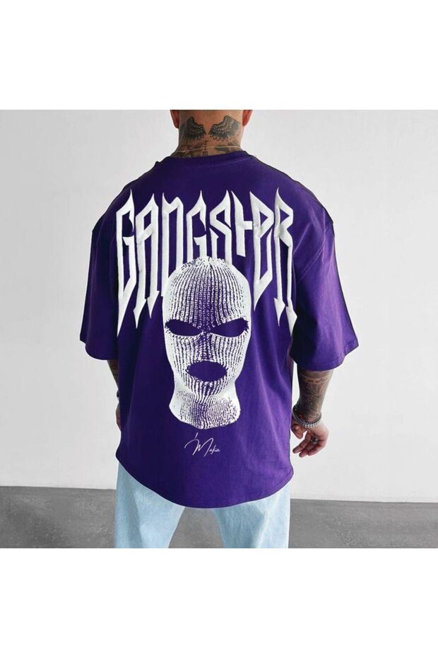 تي شيرت رجالي كبير الحجم بتصميم Gangster Mafia باللون الأرجواني