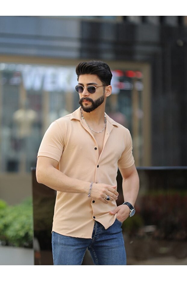 Men's Beige Cotton Corduroy Patterned Summer Short Sleeve Open Collar Shirt
