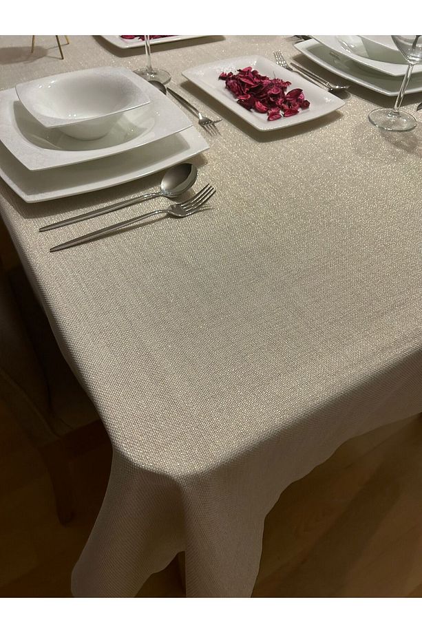 Polyester Keten Linen Simli Masa Örtüsü Gold - 3