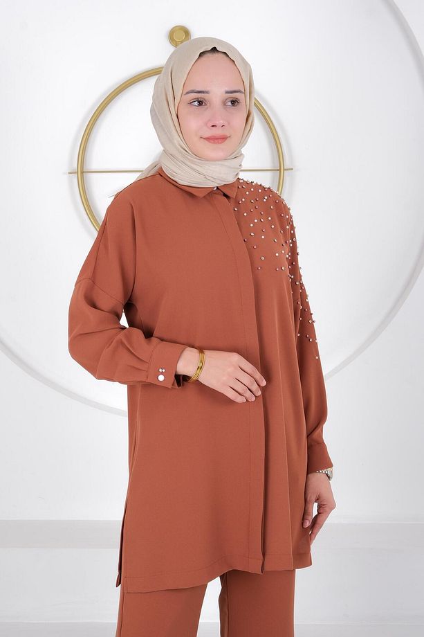 Omuzu taş detaylı massimo donna tunik kahve s-24-242 - 3