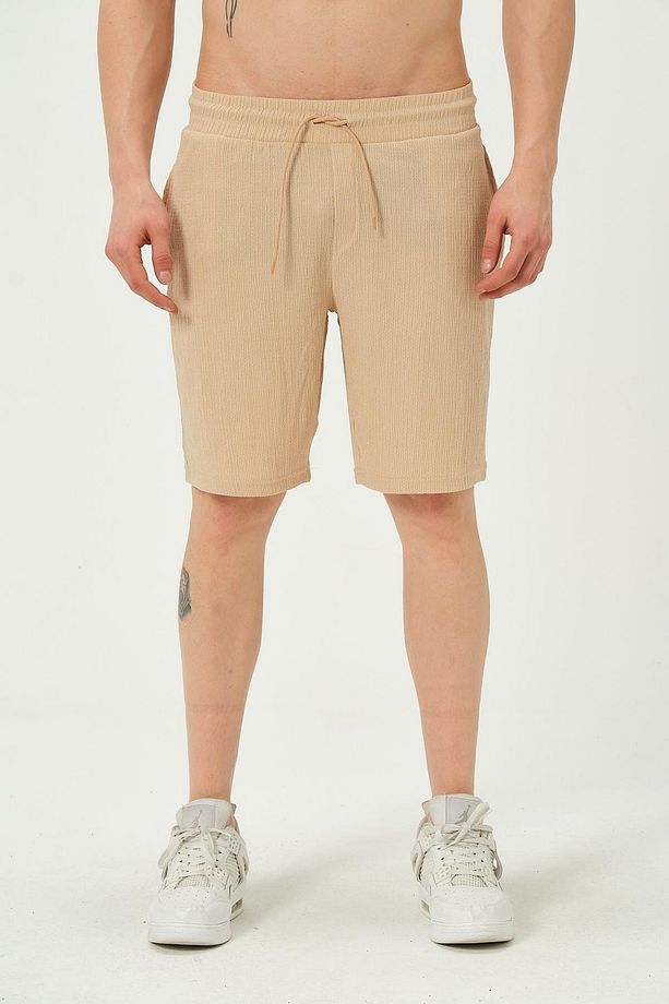 Erkek Crinkle Kumaş Regular Fit Şort Bej - 1