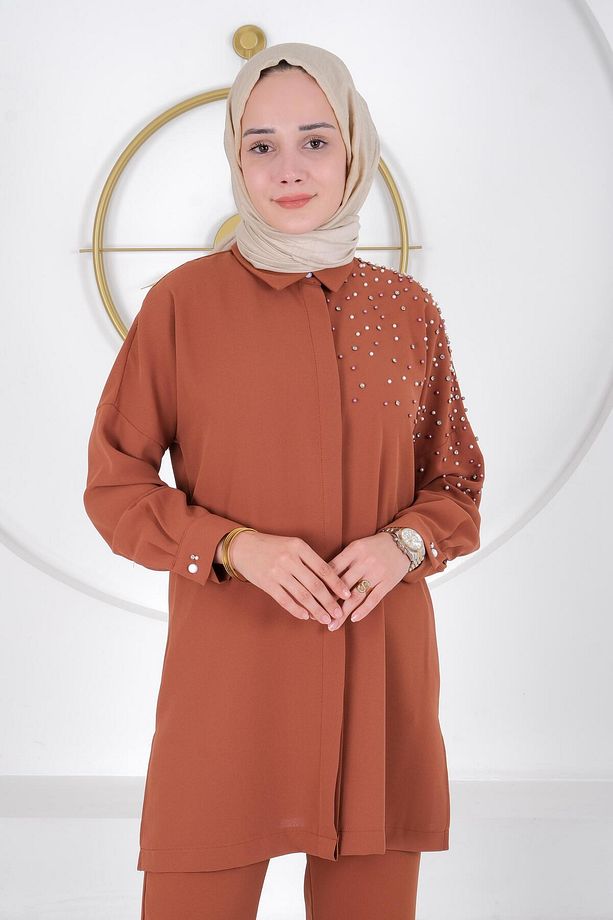Omuzu taş detaylı massimo donna tunik kahve s-24-242 - 5