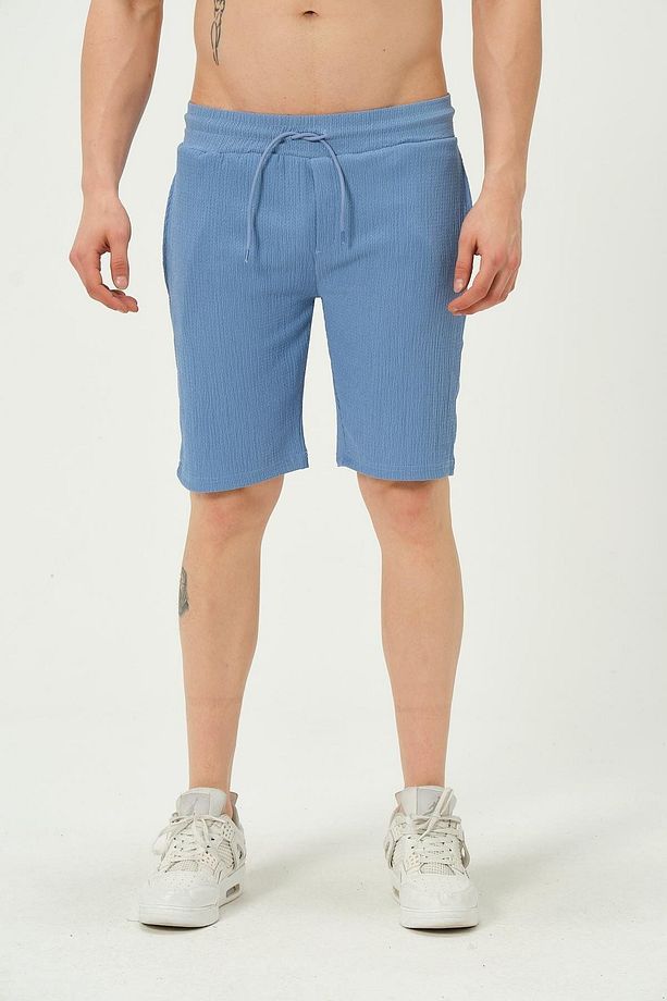 Erkek Crinkle Kumaş Regular Fit Şort Mavi - 1