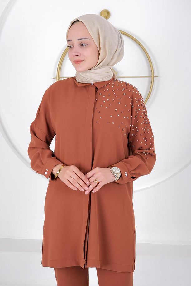 Omuzu taş detaylı massimo donna tunik kahve s-24-242 - 1