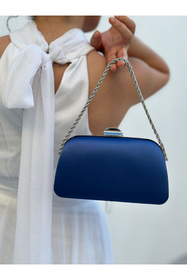 Women's Satin Navy Blue Evening Dress Clutch Portfolio Chain Strap Handheld Wedding Engagement Evening Shoulder Bag